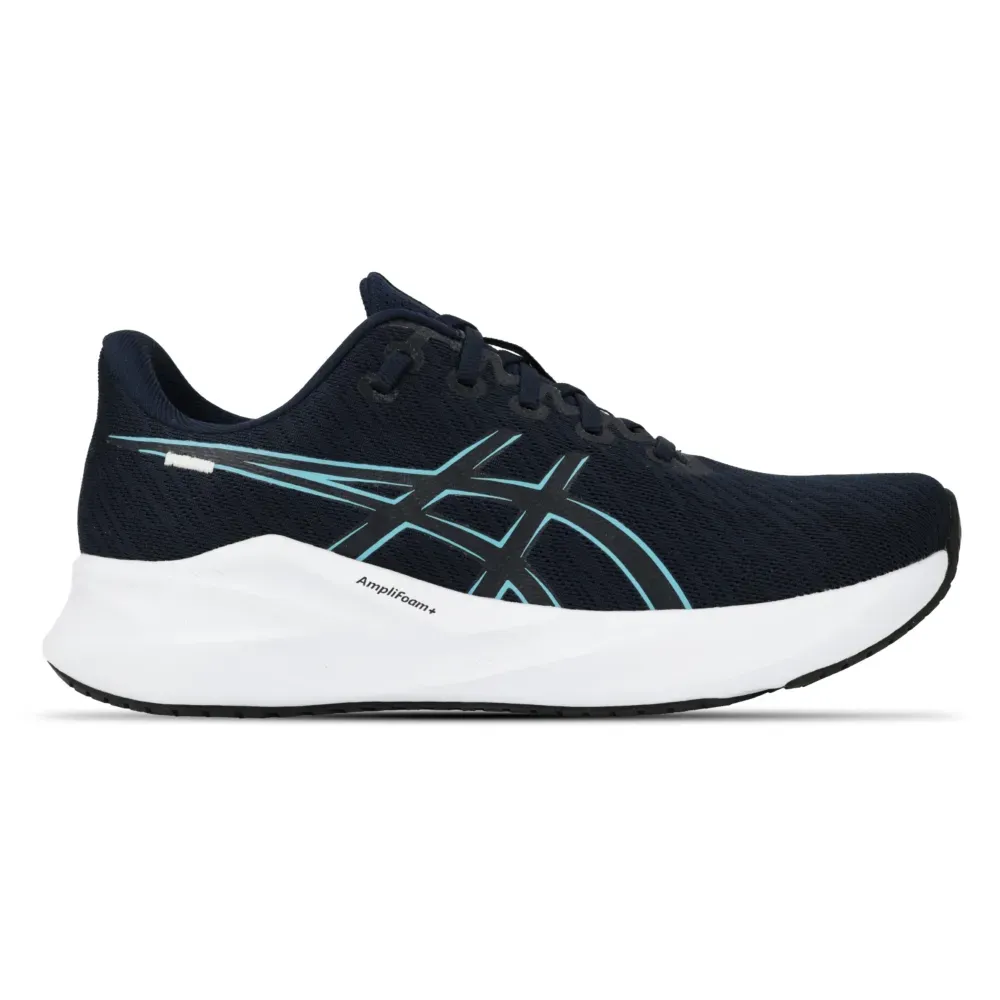 Tênis de corrida masculino Asics Versablast 4 azul marinho, vista frontal com detalhes em azul e preto, material sintético e sola branca.